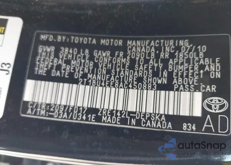 2010 Toyota Corolla S z USA, uszkodzony, nr VIN 2T1BU4EE8AC450883